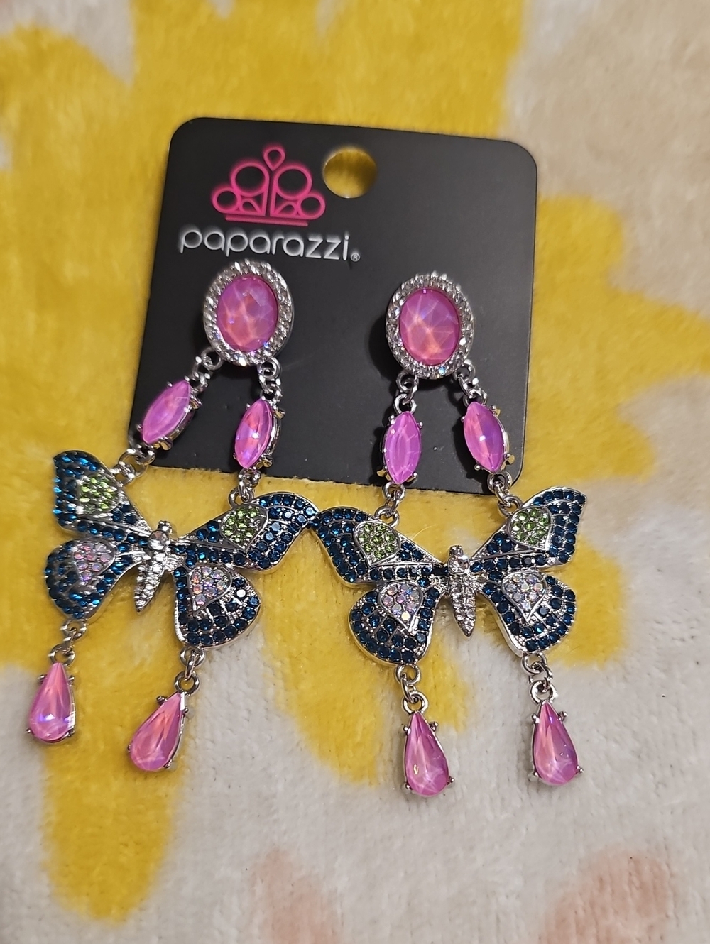 paparazzi Pink and Blue Crystal Butterfly Dangle Earrings